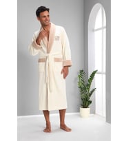 Nusa MEN Nakışlı Bambo Cotton Erkek Bornozu (Krem)