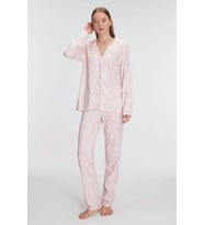 Kadın Pembe Uzun Kollu Kalp Desenli Yaka Detaylı Önden Düğmeli Pijama Takımı (Renksiz)