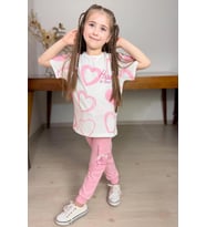 Kız Çocuk Pano Kalp Baskı Bisiklet Yaka T-Shirt Kargo Cepli Alt Pembe Eşofman Ta