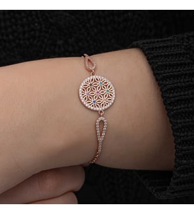 Gümüş Rose Renkli Yaşam Çiçeği Kadın Bileklik