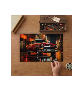 Nostaljik Kırmızı Araba Gece Manzarası Tasarımı 240 parça Ahşap Puzzle Ahşap Kutuda MP03200
