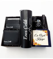 Kişiye Özel Siyah Termos & Cüzdan & Kartlık & Anahtarlık & Zippo Tarzı Çakmak Hediye Seti