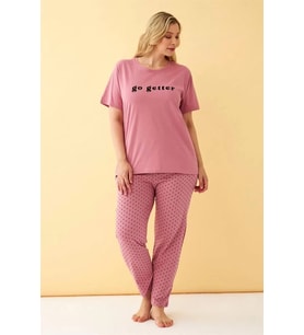 Kadın Somon Go Getter Yazılı Büyük Beden Pijama Takımı