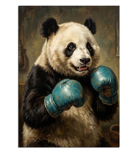 Boks Eldivenli Panda Komik Spor Dekoratif Kanvas - Mdf Ahşap Tablo