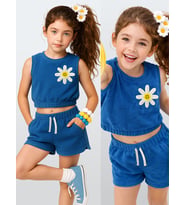 Kız Çocuk Takım Papatya Çiçekli Havlu Kumaş Crop Top Şort Takım İlkbahar Yaz 4-10 Yaş (Mavi)