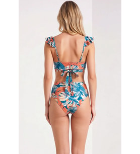 Kadın Bikini Takımı V Yaka Kolsuz Omuz Fırfır Detaylı Yüksek Bel Örme Kumaş Çiçek Desenli Şık