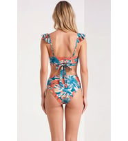 Kadın Bikini Takımı V Yaka Kolsuz Omuz Fırfır Detaylı Yüksek Bel Örme Kumaş Çiçek Desenli Şık