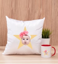 Kişiye Özel Pembe Yıldız Kafa Fotoğraflı Kare Yastık ve Kırmızı Kupa