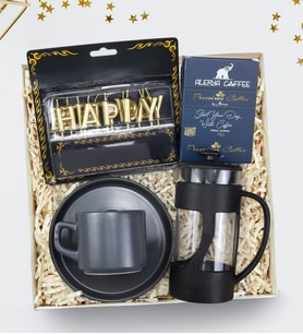 Gold Happy Birthday Harf Mum & Siyah French Press & Gri Fincan & Alerya Premium Filtre Kahve Hediye Seti