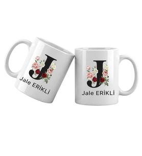 J Harfli Kişiye Özel İsimli Porselen Kupa Bardak – Çiçekli Monogram Harf Tasarımlı İsim Yazılı Kişiselleştirilebilir Hediye Kupa (Beyaz)