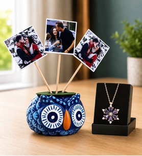 Kişiye Özel 3 Fotoğraflı El Yapımı Mavi Baykuş Saksı ve Gerçek Ametist Taşlı Lotus Kolye Hediye Seti