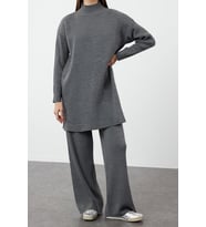 Tarz Kadın Modern Moda Normal Bel Geniş Paça Balıkçı Yaka Yırtmaçlı Geniş Paça Triko Alt-Üst Takım