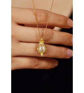 Zirkon Taşlı Gold İncili Kafes Gümüş Kolye