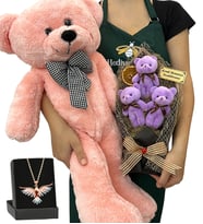 Kişiye Özel Hediye Seti - Renkli Anka Kuşu Kolyeli, 3'lü Ayıcık Buketli ve Pembe Peluş Ayıcıklı Set (Model 4)