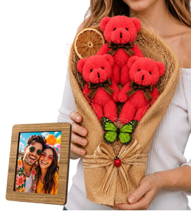 Premium Tasarım Ahşap Fotoğraf Çerçeveli Büyük Boy Fuşya Peluş Ayıcık Buketi