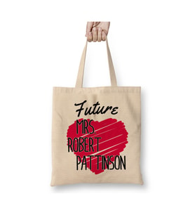 Future Mrs Robert Pattinson Love Heart Beyaz Bez Çanta Uzun Saplı Alışveriş Çantası Plaj Çantası