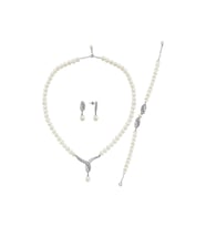 Yaprak Taşlı Doğal İnci Küpe Kolye Bileklik Üçlü Set (Beyaz)