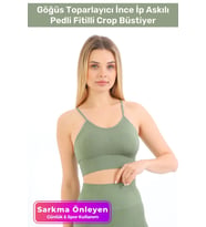 Özel Üretim Göğüs Toparlayıcı Sarkma Önleyen Spor Günlük İnce İp Askılı Pedli Fitilli Crop Büstiyer (Yeşil)