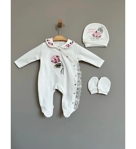 Ortanca Desenli Üç Parça Kız Bebek Tulum (Ekru)