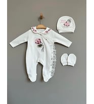 Ortanca Desenli Üç Parça Kız Bebek Tulum (Ekru)