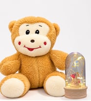 LED Işıklı Unicornlu Fanus ve Sevimli Mutlu Peluş Maymun Hediye Seti