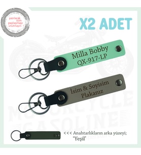 Kompakt ve Kullanışlı, Kişiye Özel Plaka ve İsim Yazılı Deri 2’li Anahtarlık Set, Kül Gri-Yeşil-Ysl