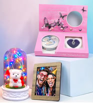 Size Özel Fotoğraflı Renkli Led Işıklı Fanus & İstiridye İnci Kolye Hediye Seti (Model 4)