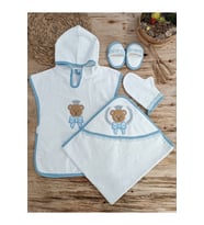 %100 Pamuklu Başlıklı Bebek Banyo Havlu Seti - Yumuşak & Ayıcık Nakışlı Pareo Havlu - 4 Parça (Standart)
