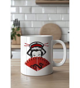 Geisha Figürlü Japon Yelpazesi Desenli 330ml Baskılı Beyaz Seramik Kupa Bardak