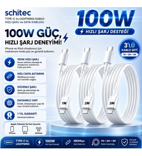 ScHitec 3 Paket 6A 100W Type-C to Lightning Hızlı Data ve Şarj Kablosu 1 Metre/ 2 Metre / 3 Metre Beyaz SX112131 - ScHitecSX1121313P