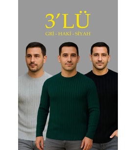 Erkek Fitilli Triko Kazak 3lü Set Gri Haki Siyah Regular Fit Bisiklet Yaka Triko Seti Modeli Kazak