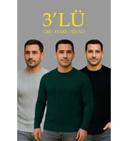 Erkek Fitilli Triko Kazak 3lü Set Gri Haki Siyah Regular Fit Bisiklet Yaka Triko Seti Modeli Kazak