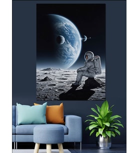 Ay Üzerinde Oturan Astronot Dekoratif Kanvas - Mdf Ahşap Tablo