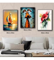 yelkenli gün batımı şaşkın sevimli köpek renkli çiçek tablosu 3 adet 35cmx50cm kumaş baskılı canvas tablo
