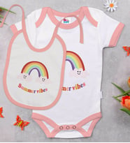 BK Kids Summer Vibes Tasarımlı Pembe Bebek Body Zıbın ve Mama Önlüğü Hediye Seti-2