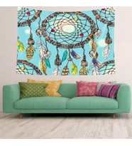 Dream Catcher Kuş Tüylü Bohem Desen Leke Tutmaz Kadife Doku Kumaş Duvar Örtüsü Duvar Halısı Tapestry (Turkuaz)