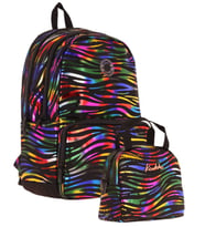 Kaukko Shine Zebra Desenli Siyah Çok Renkli Kız Çocuk Okul Sırt Çantası ve Beslenme Çantası Seti