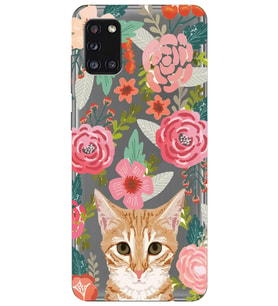 Samsung Galaxy A31 Uyumlu Kedi ve Çiçek Desenli Şeffaf Telefon Kılıfı