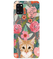 Samsung Galaxy A31 Uyumlu Kedi ve Çiçek Desenli Şeffaf Telefon Kılıfı