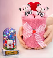 Premium Peluş Ayıcık Buketi ve Kişiye Özel Renkli Işıklı Beyaz Ayıcıklı Fanus