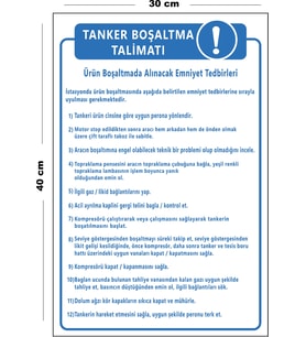 Metal Tanker Boşaltma Talimatı 30 cm x 40 cm A3 Büyüklüğünde Uyarı Levhası Yönlendirme Tabelası