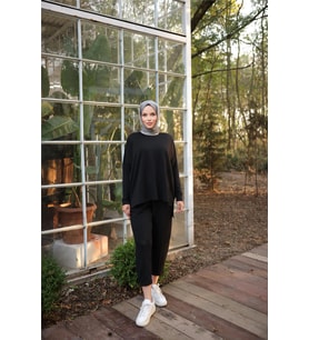 Arkası Uzun O Yaka Kısa Sweat-Pantolon İkili Eşofman Spor Takımı - (38-46) - 71216 - Siyah