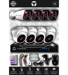TURKNO 8 Kameralı Karia 4 İç Kamera Set HDD'siz Full HD Gece Görüşlü Güvenlik Kamerası Sistemi