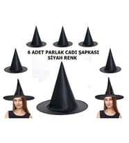 Halloween Siyah Renk Parlak Dralon Cadı Şapkası Yetişkin ve Çocuk Uyumlu 6 Adet