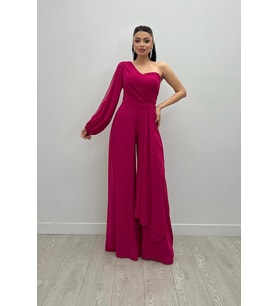 Şifon Kumaş Tek Kol Detaylı Tulum - FUŞYA