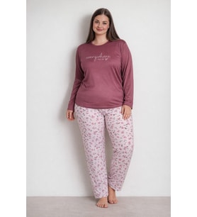 Kadın 0139 Likralı Büyük Beden Uzun Kol Pijama Takımı