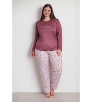 Kadın 0139 Likralı Büyük Beden Uzun Kol Pijama Takımı