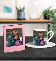 Kişiye Özel Fotoğraf Tasarımlı Türk Kahve Fincanı Ve Resimli Pembe Çerçeve