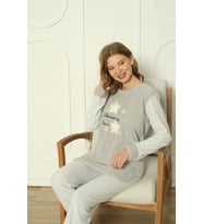 Fawn 3303 Peluş Welsoft Polar Kışlık Yumoş Yıldızlı Kadın Pijama Takımı (Gri)