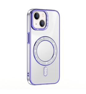 iPhone 15 Kılıf Pırlanta Taş Tasarımlı M-safe Şarj Özellikli Karetta Silikon Kılıf (Mor)